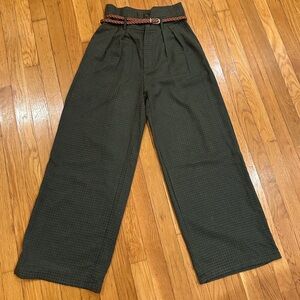 Cider Womens Dark Green Patterned Pants with Brown Belt